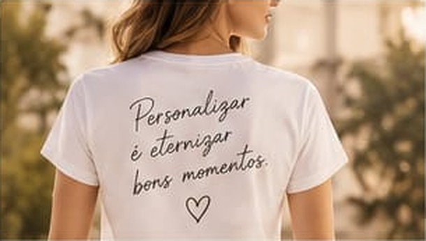 Camiseta branca personalizada com a frase Personalizar é eternizar bons momentos